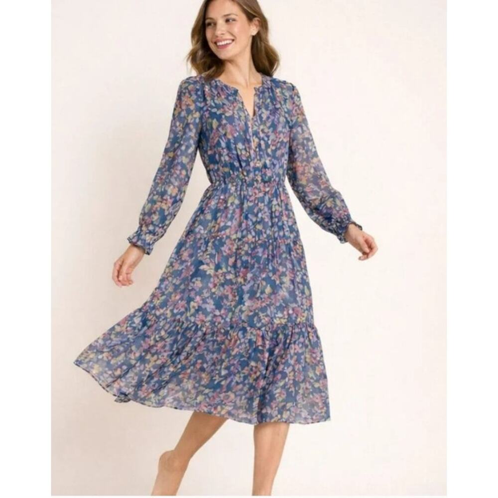 BeachLunchLounge Womens Boho Midi Dress Small Blue Floral Long Sleeve NO Insert